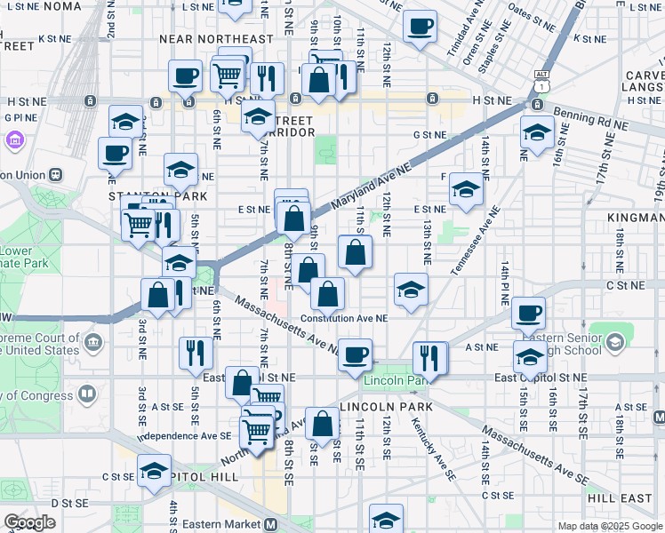 map of restaurants, bars, coffee shops, grocery stores, and more near 312 10th Street Northeast in Washington