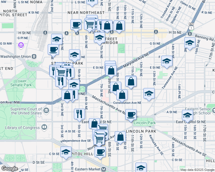 map of restaurants, bars, coffee shops, grocery stores, and more near 300 8th Street Northeast in Washington