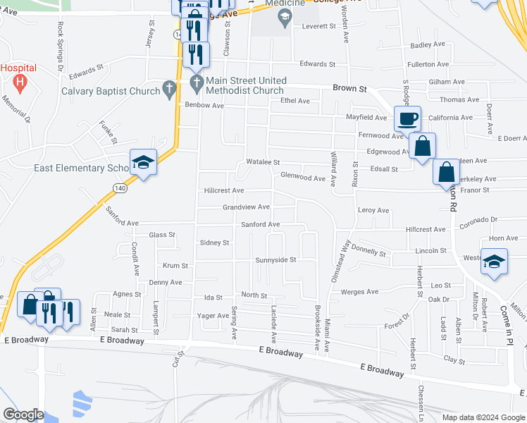 map of restaurants, bars, coffee shops, grocery stores, and more near 2753 Grandview Avenue in Alton