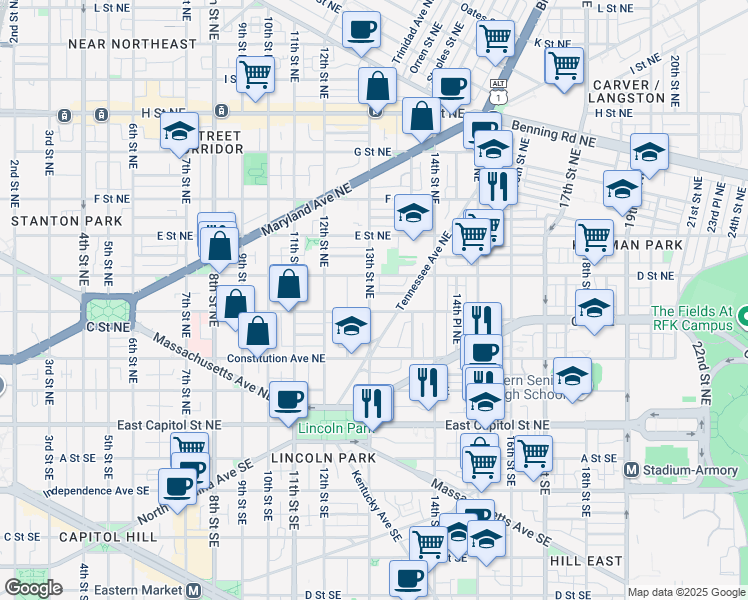 map of restaurants, bars, coffee shops, grocery stores, and more near 311 13th Street Northeast in Washington