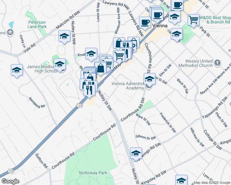 map of restaurants, bars, coffee shops, grocery stores, and more near 404 Roland Street Southwest in Vienna