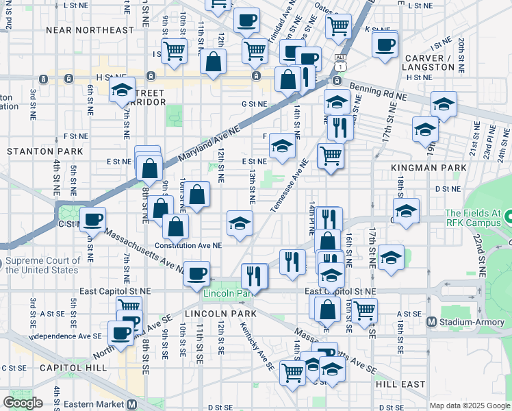 map of restaurants, bars, coffee shops, grocery stores, and more near 311 13th Street Northeast in Washington