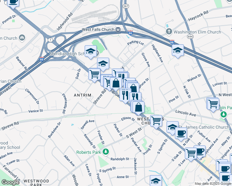 map of restaurants, bars, coffee shops, grocery stores, and more near 1502 West Broad Street in Falls Church