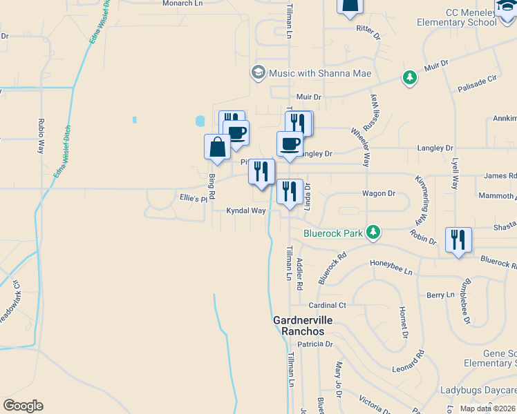 map of restaurants, bars, coffee shops, grocery stores, and more near 767 Morning Sun Court in Gardnerville