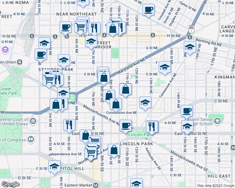map of restaurants, bars, coffee shops, grocery stores, and more near 312 10th Street Northeast in Washington