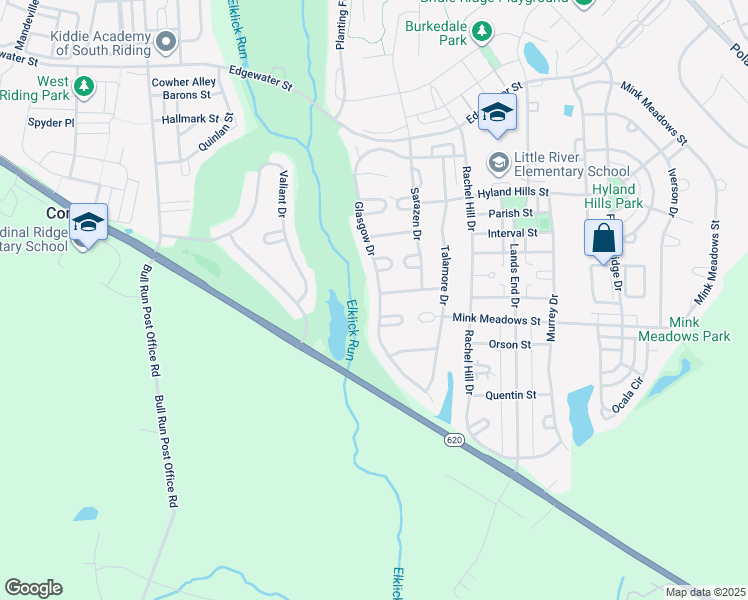 map of restaurants, bars, coffee shops, grocery stores, and more near 26115 Glasgow Drive in Chantilly