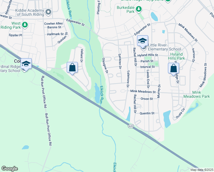 map of restaurants, bars, coffee shops, grocery stores, and more near 26115 Glasgow Drive in Chantilly