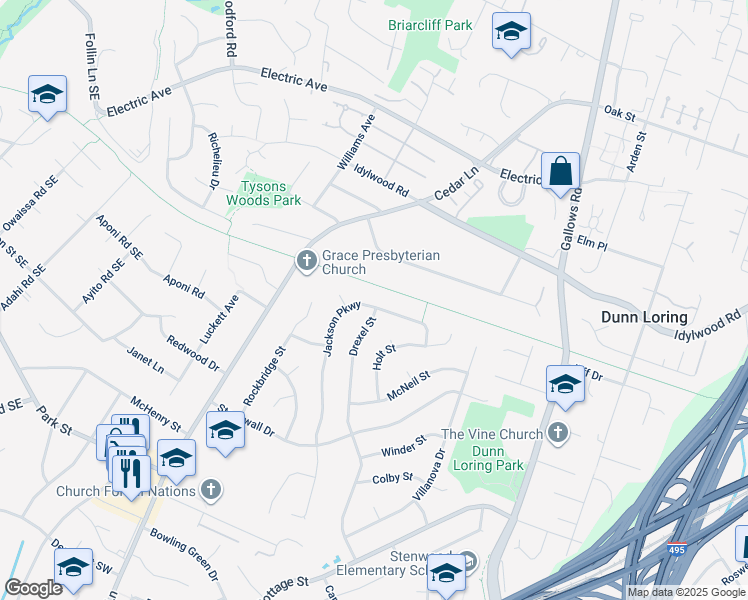 map of restaurants, bars, coffee shops, grocery stores, and more near 2322 Jackson Parkway in Vienna
