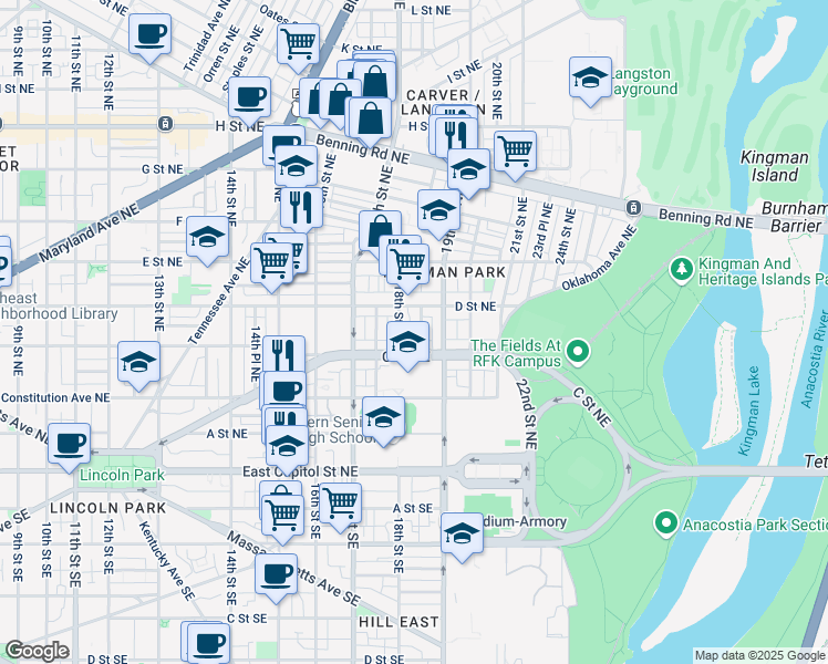 map of restaurants, bars, coffee shops, grocery stores, and more near 101 Independence Avenue Southeast in Washington