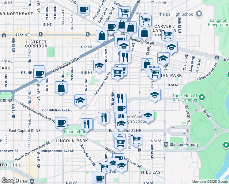 map of restaurants, bars, coffee shops, grocery stores, and more near 101 Independence Avenue Southeast in Washington