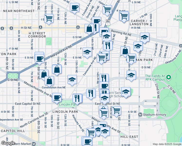 map of restaurants, bars, coffee shops, grocery stores, and more near 316 14th Street Northeast in Washington
