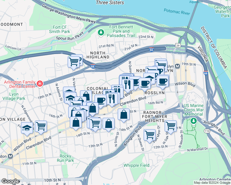 map of restaurants, bars, coffee shops, grocery stores, and more near 101 Independence Avenue Southeast in Washington