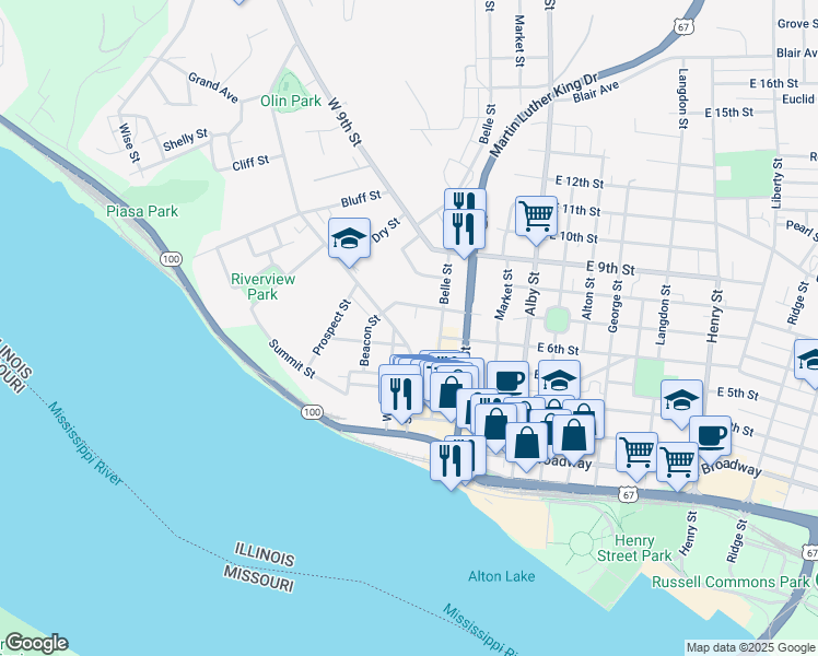 map of restaurants, bars, coffee shops, grocery stores, and more near 600 State Street in Alton