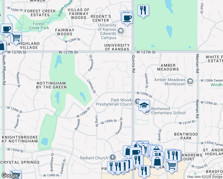 map of restaurants, bars, coffee shops, grocery stores, and more near 12101 West 127th Place in Overland Park