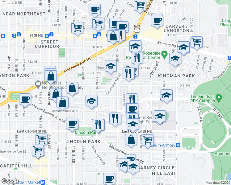 map of restaurants, bars, coffee shops, grocery stores, and more near 316 14th Street Northeast in Washington