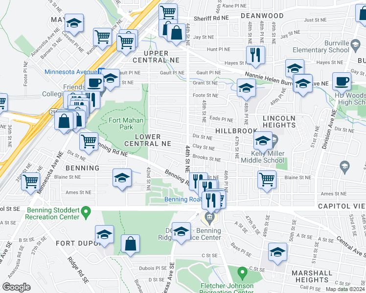 map of restaurants, bars, coffee shops, grocery stores, and more near 4253 Clay Street Northeast in Washington