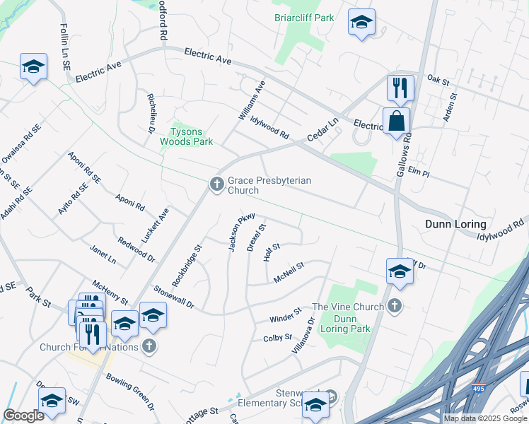 map of restaurants, bars, coffee shops, grocery stores, and more near 2322 Jackson Parkway in Vienna