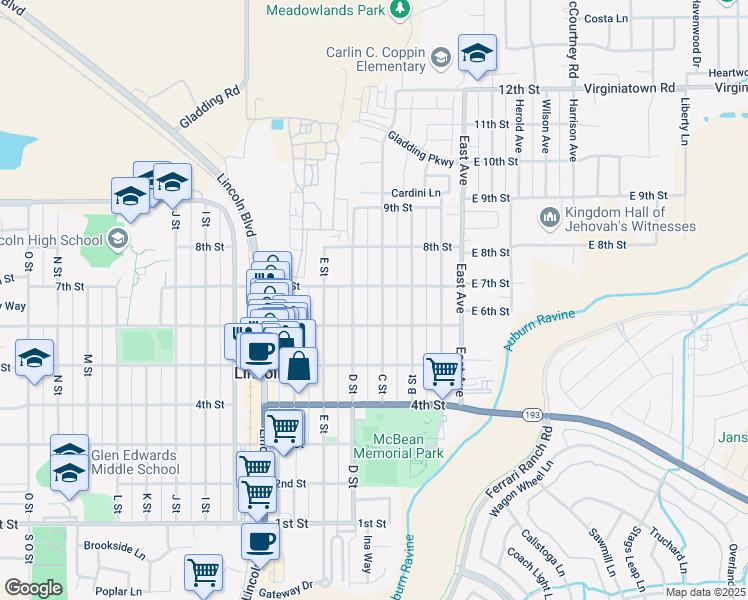 map of restaurants, bars, coffee shops, grocery stores, and more near 619 D Street in Lincoln