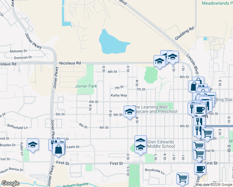 map of restaurants, bars, coffee shops, grocery stores, and more near 1517 Kathy Way in Lincoln