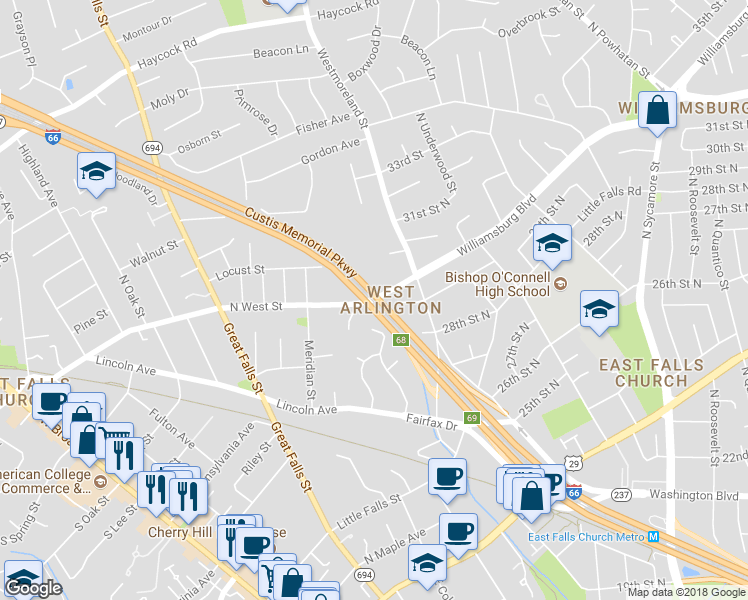 map of restaurants, bars, coffee shops, grocery stores, and more near 6947 Williamsburg Boulevard in Arlington
