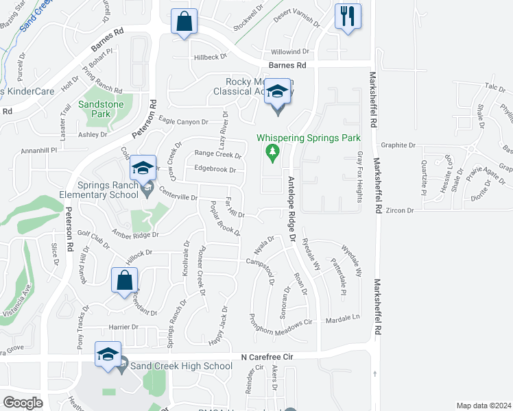 map of restaurants, bars, coffee shops, grocery stores, and more near 7426 Klipspringer Drive in Colorado Springs