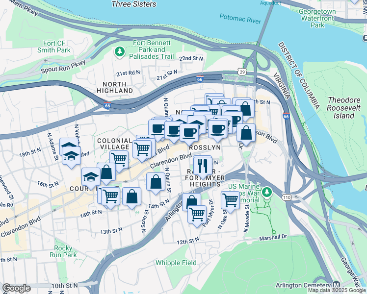 map of restaurants, bars, coffee shops, grocery stores, and more near 101 Independence Avenue Southeast in Washington