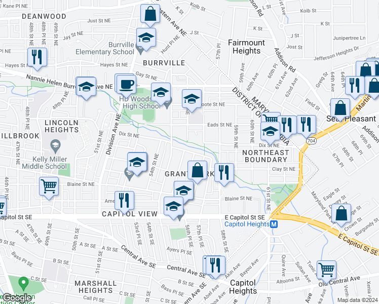 map of restaurants, bars, coffee shops, grocery stores, and more near 5611 Clay Place Northeast in Washington