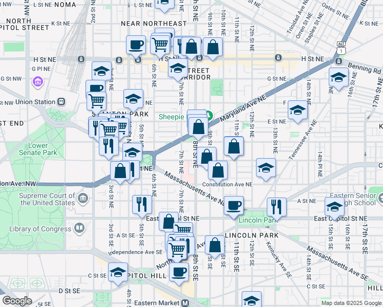 map of restaurants, bars, coffee shops, grocery stores, and more near 101 Independence Avenue Southeast in Washington