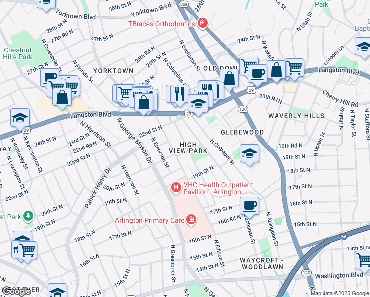 map of restaurants, bars, coffee shops, grocery stores, and more near 2002 North Dinwiddie Street in Arlington