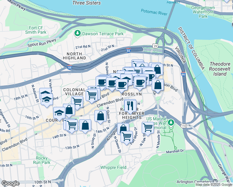 map of restaurants, bars, coffee shops, grocery stores, and more near 1600 Wilson Boulevard in Arlington