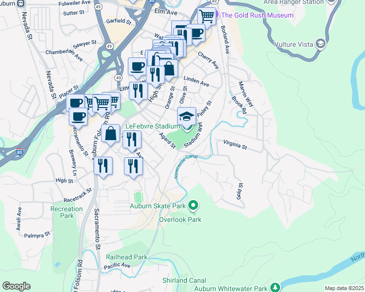 map of restaurants, bars, coffee shops, grocery stores, and more near 155 Stadium Way in Auburn