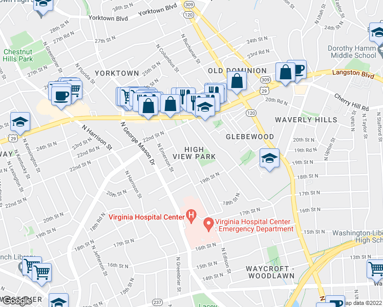 map of restaurants, bars, coffee shops, grocery stores, and more near 2002 North Dinwiddie Street in Arlington
