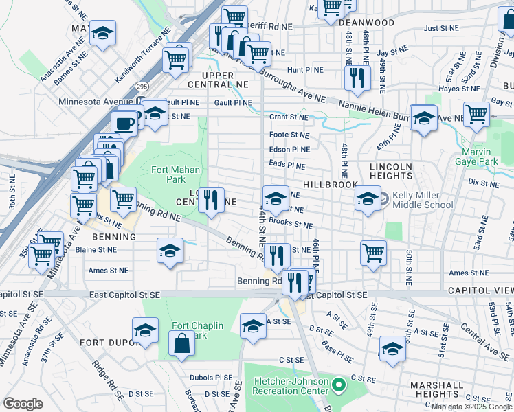 map of restaurants, bars, coffee shops, grocery stores, and more near 4253 Clay Street Northeast in Washington