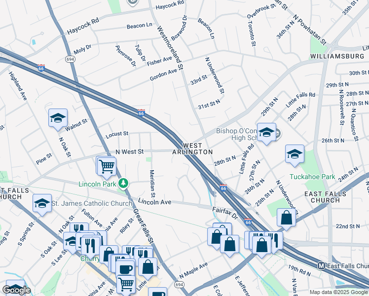 map of restaurants, bars, coffee shops, grocery stores, and more near 6941 Williamsburg Boulevard in Arlington