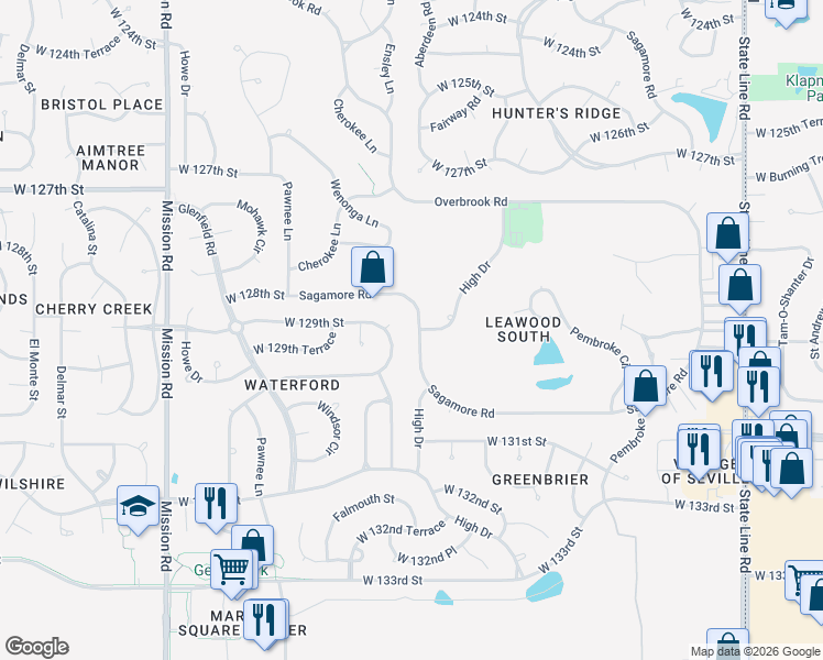 map of restaurants, bars, coffee shops, grocery stores, and more near 12913 Canterbury Road in Leawood
