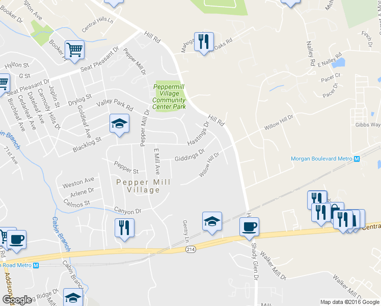 map of restaurants, bars, coffee shops, grocery stores, and more near 7114 Giddings Drive in Capitol Heights
