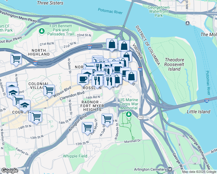 map of restaurants, bars, coffee shops, grocery stores, and more near 1100 17th Street North in Arlington