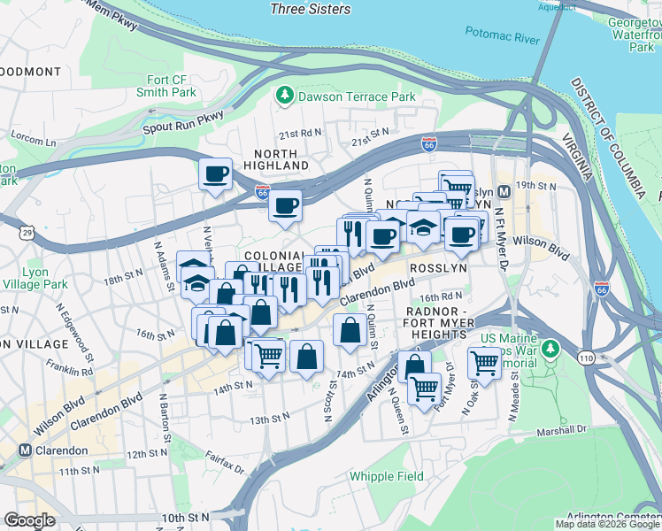 map of restaurants, bars, coffee shops, grocery stores, and more near 101 Independence Avenue Southeast in Washington