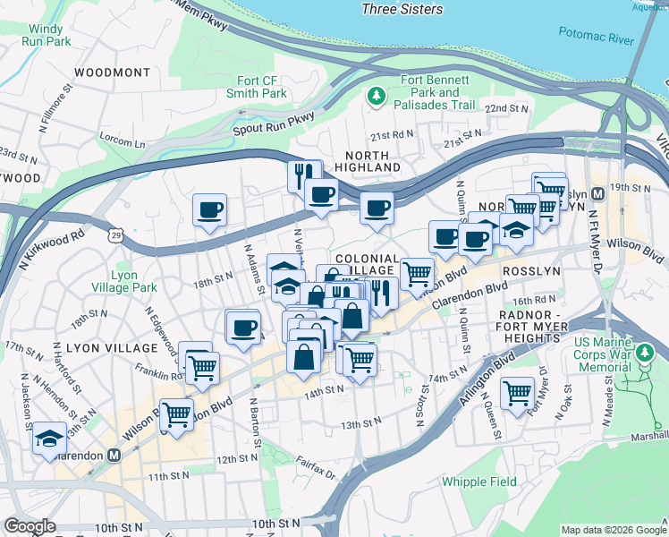 map of restaurants, bars, coffee shops, grocery stores, and more near 2021 Key Boulevard in Arlington