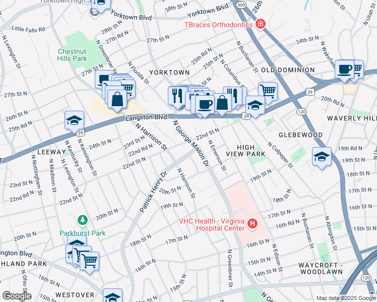 map of restaurants, bars, coffee shops, grocery stores, and more near 2146 Patrick Henry Drive in Arlington