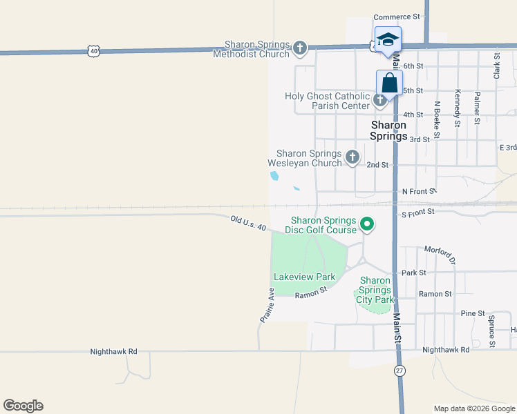 map of restaurants, bars, coffee shops, grocery stores, and more near Old Highway 40 in Sharon Springs