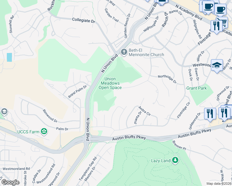 map of restaurants, bars, coffee shops, grocery stores, and more near 4301 Ridgecrest Drive in Colorado Springs