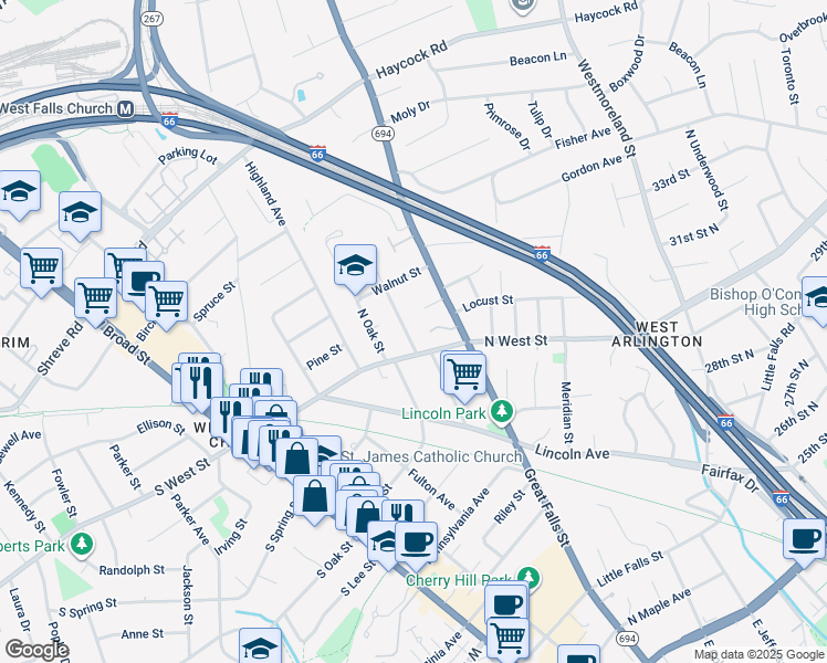 map of restaurants, bars, coffee shops, grocery stores, and more near 606 Greenwich Street in Falls Church