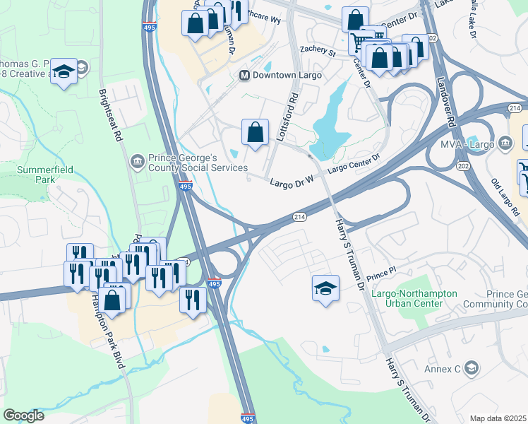 map of restaurants, bars, coffee shops, grocery stores, and more near 9401 Largo Drive West in Upper Marlboro