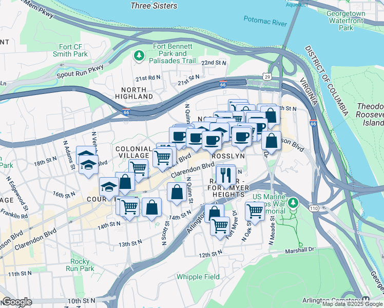 map of restaurants, bars, coffee shops, grocery stores, and more near Wilson Blvd & N Quinn St in Arlington