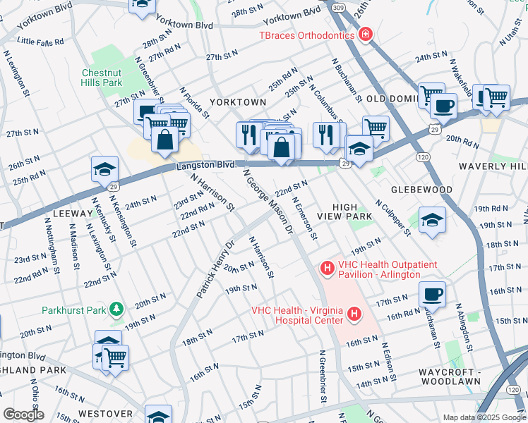 map of restaurants, bars, coffee shops, grocery stores, and more near 2146 Patrick Henry Drive in Arlington