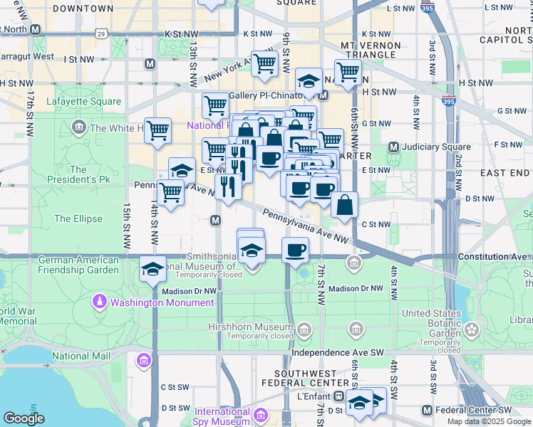 map of restaurants, bars, coffee shops, grocery stores, and more near 940 Pennsylvania Avenue Northwest in Washington