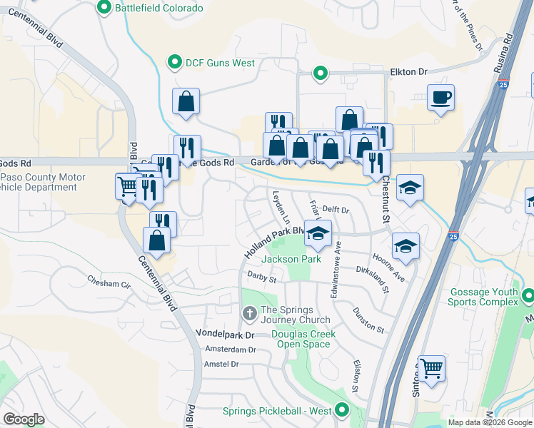map of restaurants, bars, coffee shops, grocery stores, and more near 1116 Holland Park Boulevard in Colorado Springs