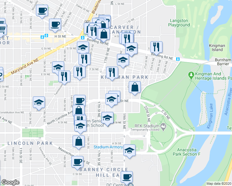 map of restaurants, bars, coffee shops, grocery stores, and more near 101 Independence Avenue Southeast in Washington