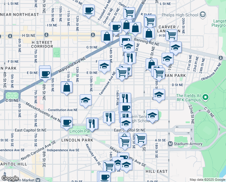 map of restaurants, bars, coffee shops, grocery stores, and more near 101 Independence Avenue Southeast in Washington